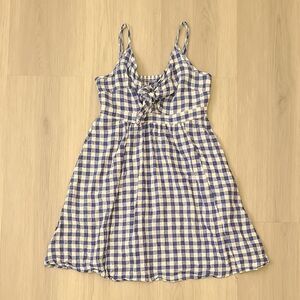 Old Navy Blue Cream Gingham Mini Dress Small Linen Blend Open Keyhole Tie Front